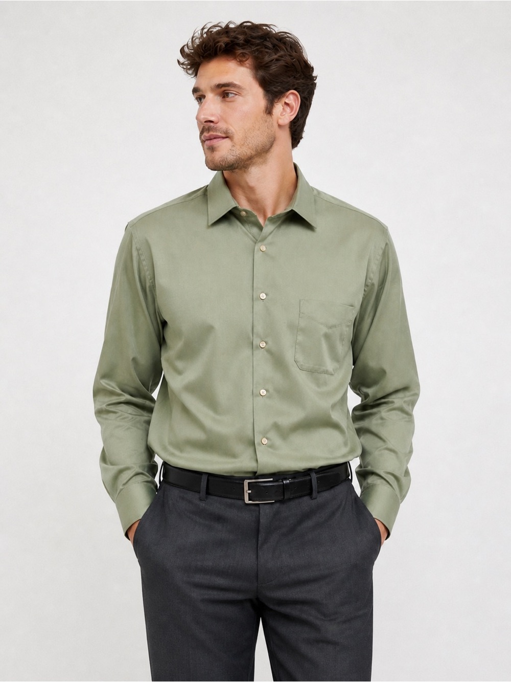 Geoffrey Beene Mens Sage Green Dress Shirt 16.5 34/35 Classic Fit Button Down